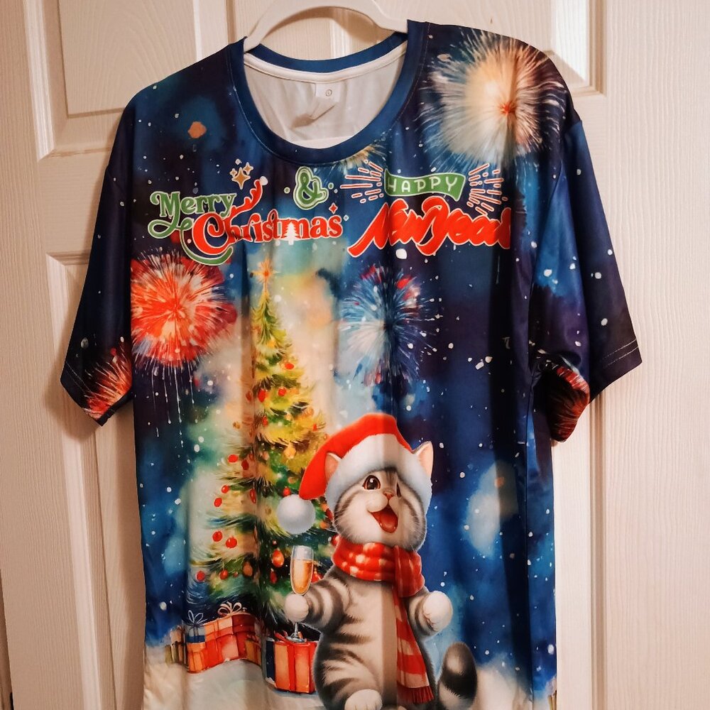 Unisex Short Sleeve Cat Christmas New Year Shirt, Medium, New